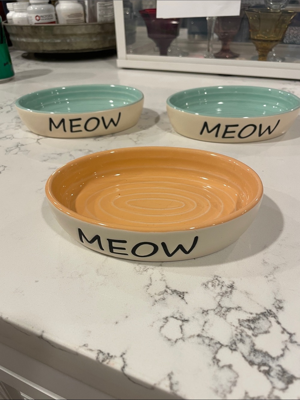 Set of Three Ceramic Pet Bowl Set in Peach and Mint "MEOW"